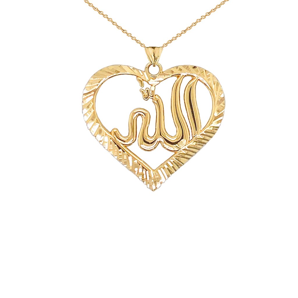 10k Solid Gold Sparkle-Cut Allah Open Heart Pendant Necklace 601$
